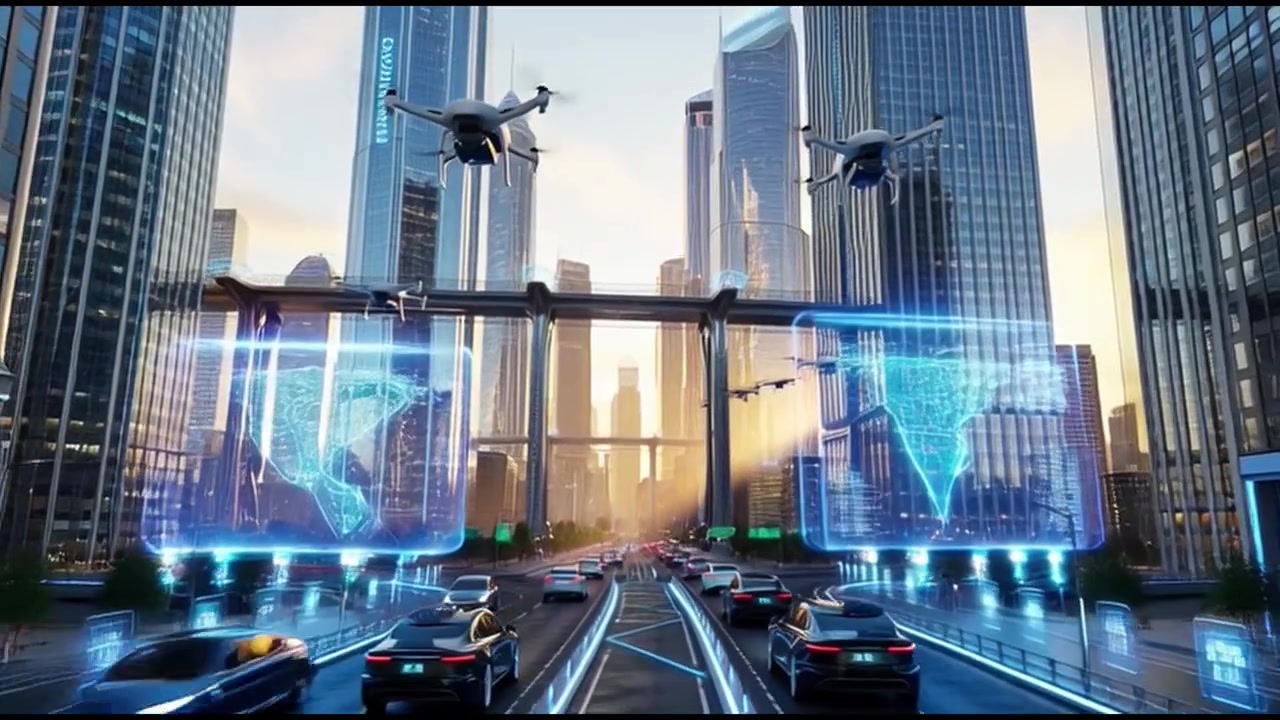 Futuristic Autonomous Vehicles and Drones in a High-Tech Smart City