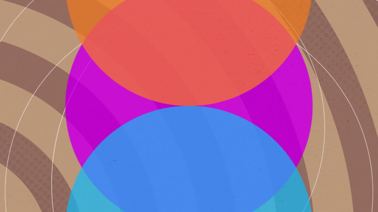 animación de círculos multicolores sobre un patrón circular contra un fondo abstracto.