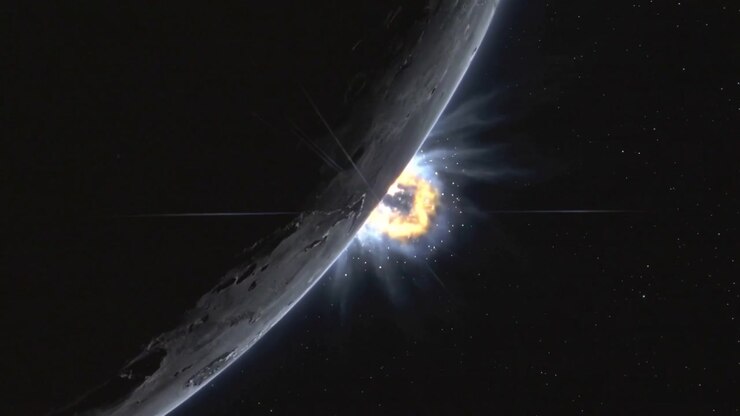 Arising faint glow, point flaring and expanding from blast into ring beyond cratered limb in space