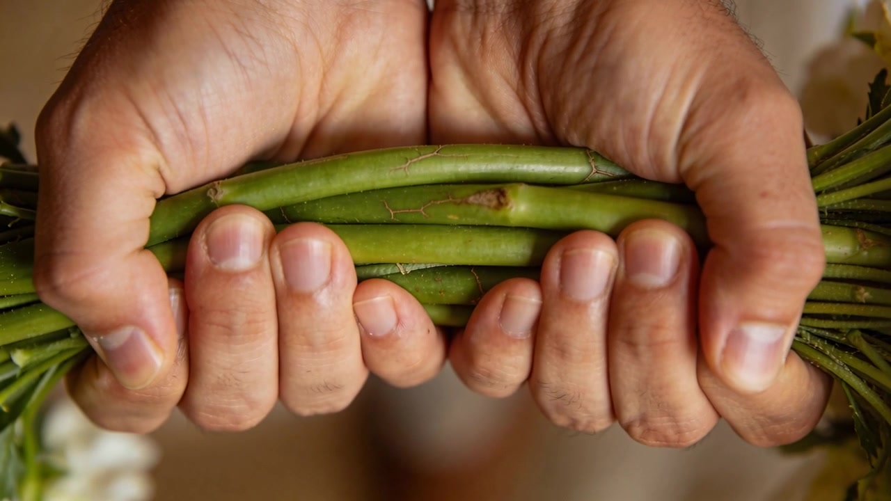 Mãos adultas posicionando, apertando o aperto para alinhar e prender um feixe de caules verdes em uma sala aquecida.