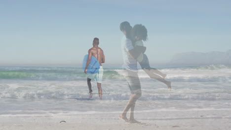 father carrying daughter at beach, with animated heart icon and health data overlay