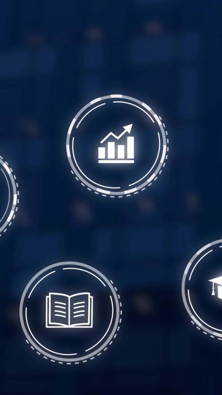 Animazione: rete di connessioni con icone che fluttuano su uno sfondo nero.