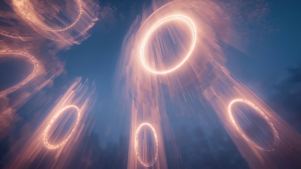 Proiezione di anelli luminosi che inviano colonne di luce verso il basso mentre i fotogrammi avanzano al crepuscolo, con foschia