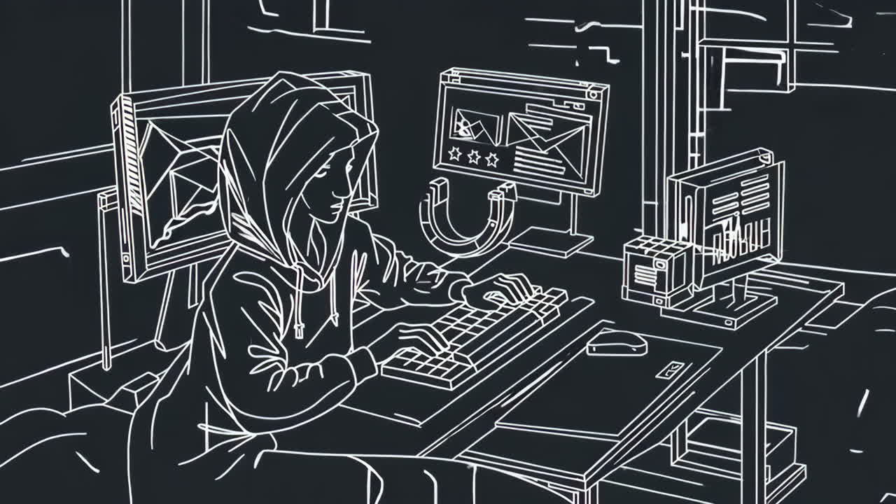 Abstract Line Art of a Hacker or Programmer Working on Computers