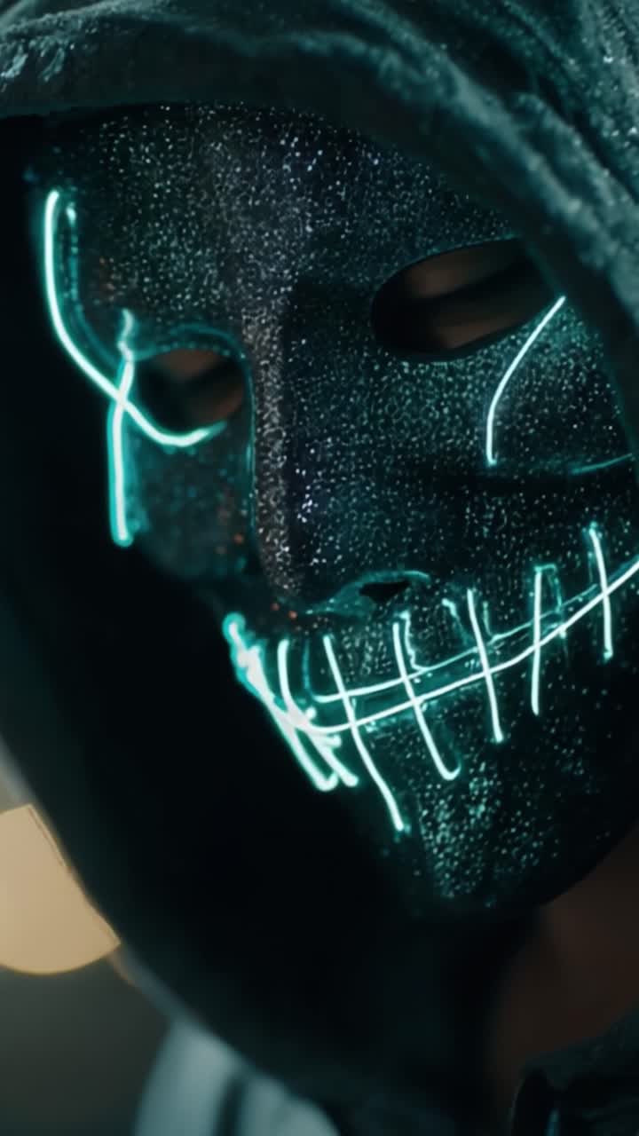 Una Figura Misteriosa con una Maschera Scintillante e Accenti LED, che Fonde Oscurità e Luce, Catturando lo Sguardo Attraverso un'Arte Digitale Eterea e un'Estetica Urbana