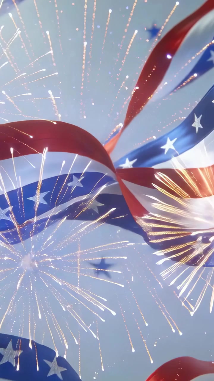 Video verticale: Lancio di fuochi d'artificio, nastro a forma di bandiera che sventola nel cielo con stelle bianche per una festività.