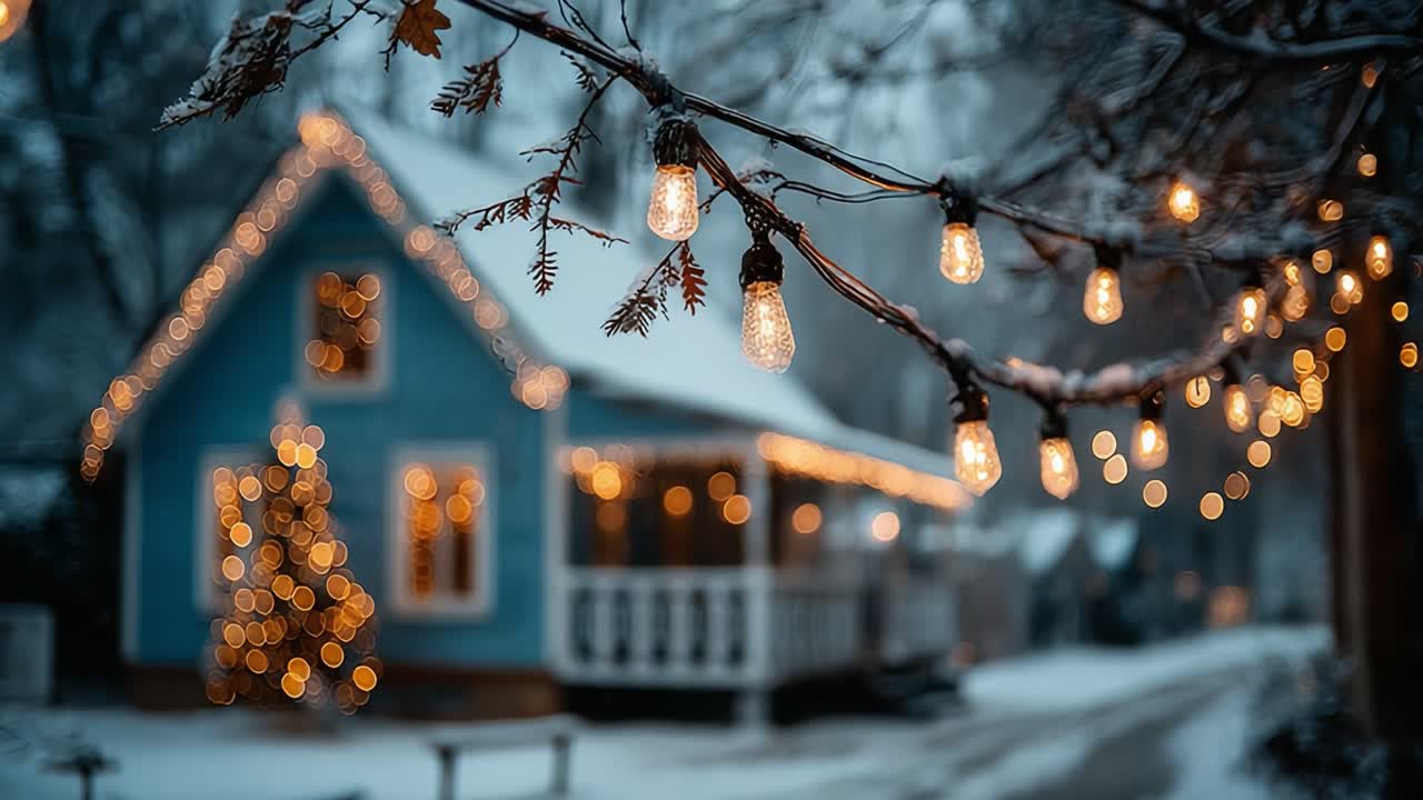 A Cozy Winter Scene: A Beautifully Decorated Blue House Embraced by Snow and Glowing Lights, Perfectly Capturing the Magic of the Holiday Season