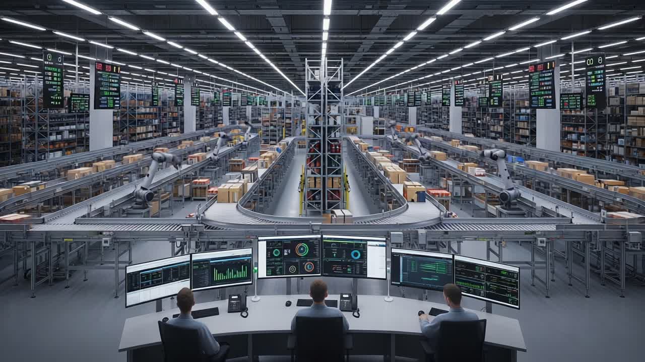 A High-Tech Warehouse Facility Being Monitored by Operators, Showcasing Automated Systems, Inventory Management, and Advanced Data Analytics in a Modern Logistics Environment