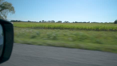 Aufnahme-Aus-Einem-Fahrenden-Auto-In-Prince-Edward-County,-Die-Die-Landschaft-Und-Die-Seitenspiegelansicht-Zeigt