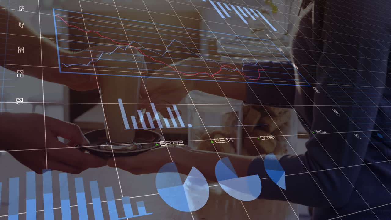 animación del procesamiento de datos financieros con estadísticas sobre mujeres con taza de café