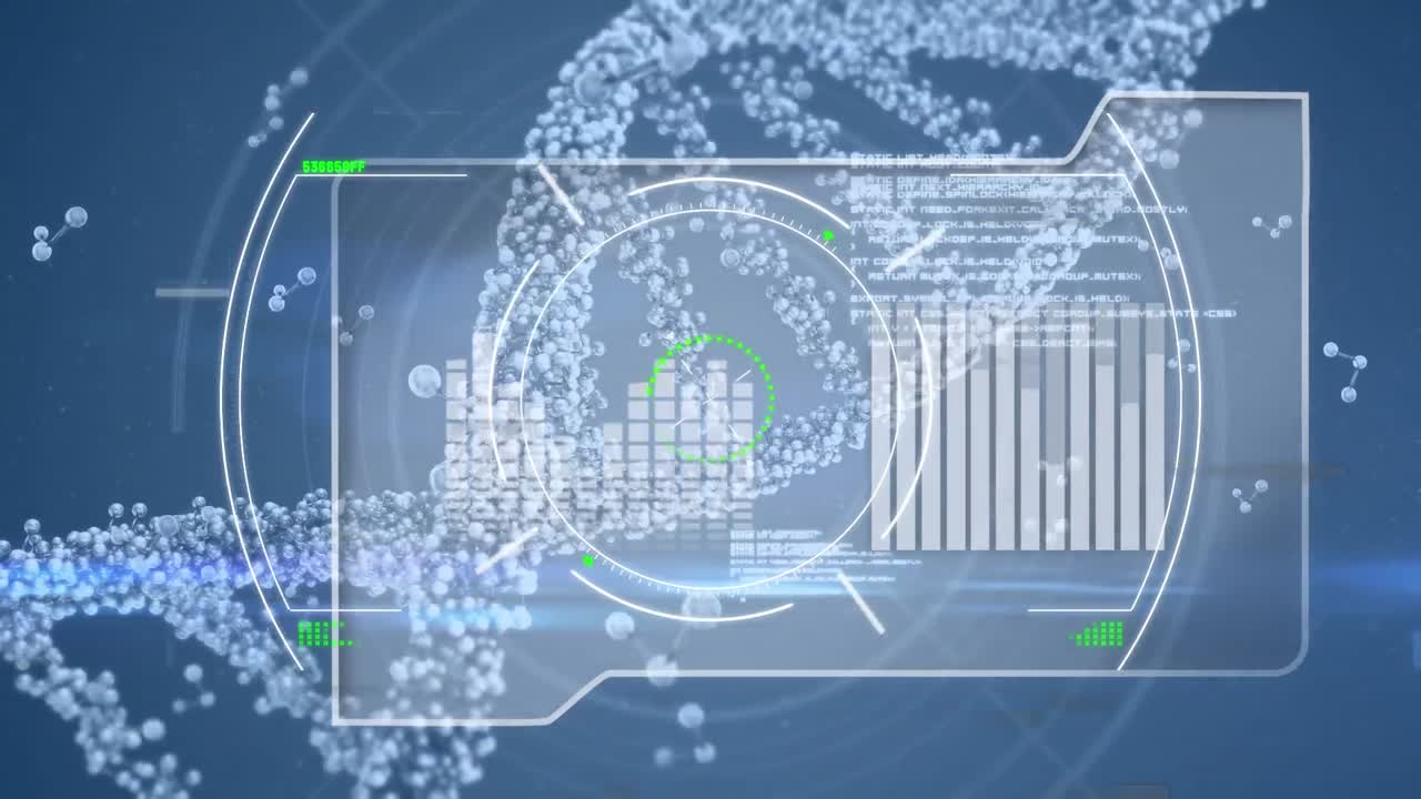 파란색 배경에 있는 dna 사슬 위의 오류, 분자 및 다양한 데이터의 애니메이션
