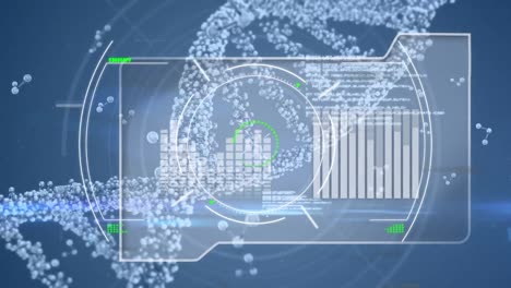 Animation-of-glitch,-molecules-and-diverse-data-over-dna-chain-on-blue-background