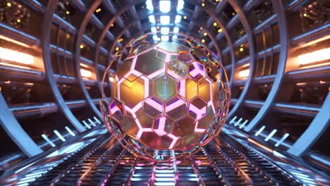 esfera hexagonal brillante en un túnel futurista