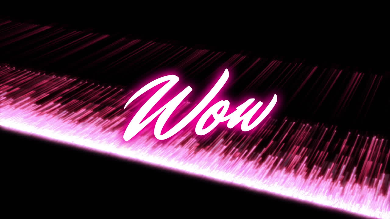 Animazione del testo "Wow" su sfondo di luci e strisce rosa
