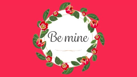 animation of a be mine card with flowers on pink background