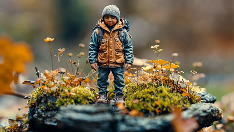 child standing on mossy rock surrounded by autumn foliage