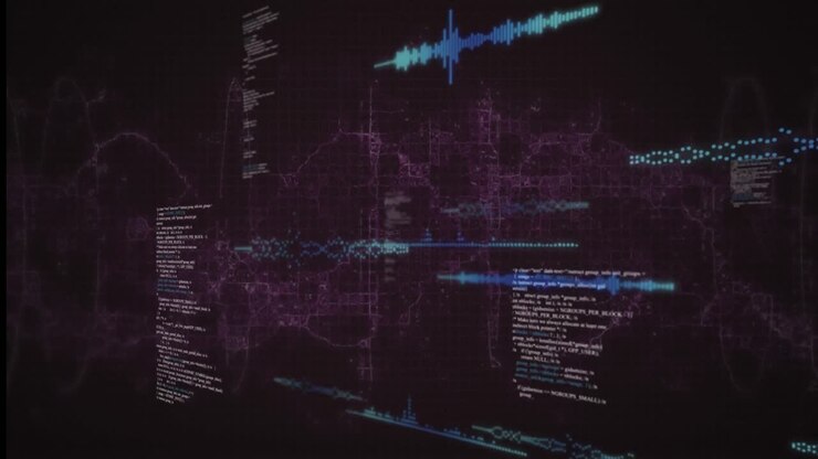 Animation of data processing over purple digital wave against purple background