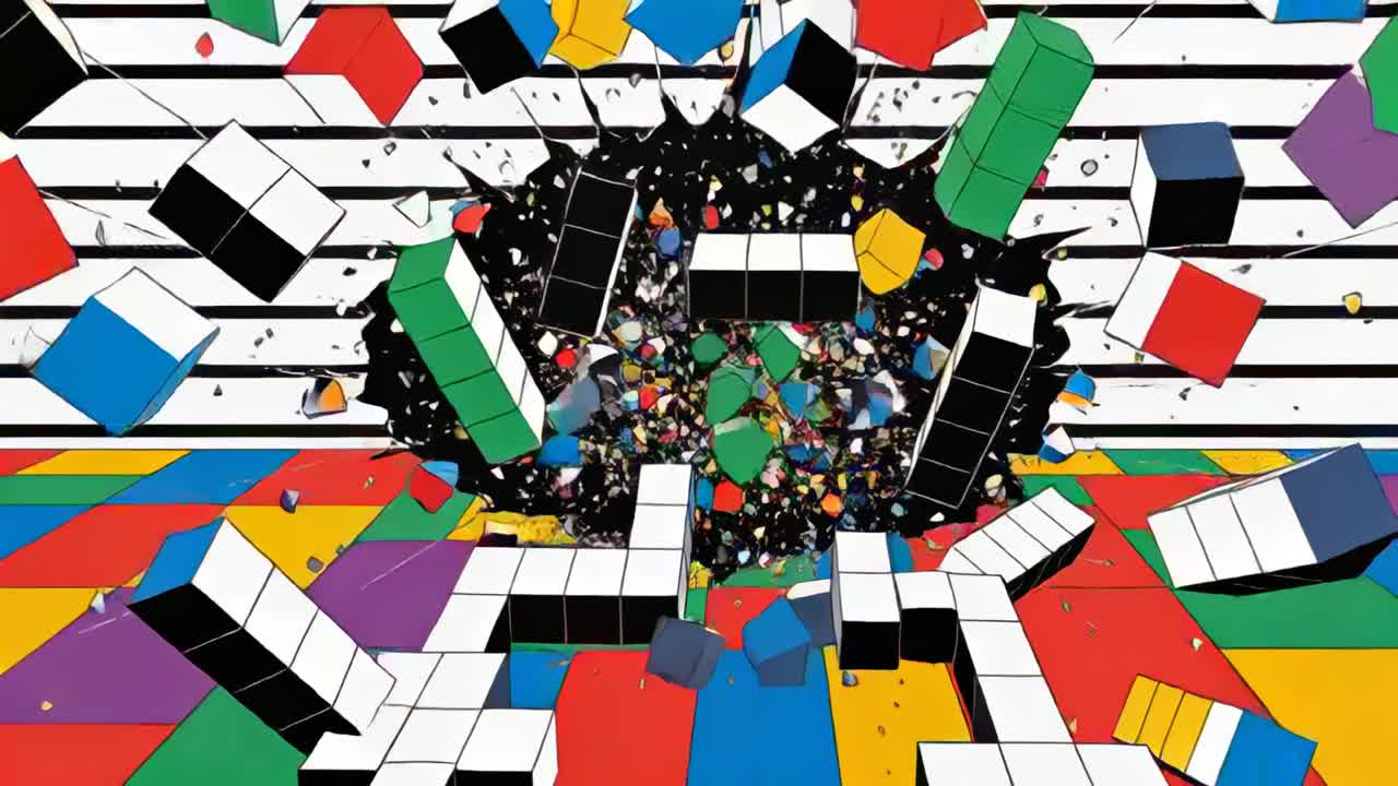 Black void appearing, central large white tiles exploding over striped floor, spraying cubes