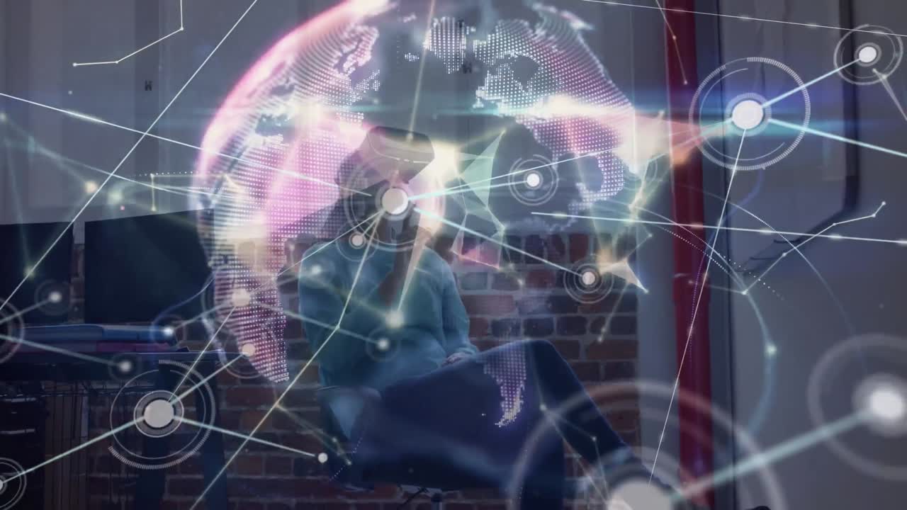 animación de la red de conexiones sobre la mujer caucásica usando auriculares vr
