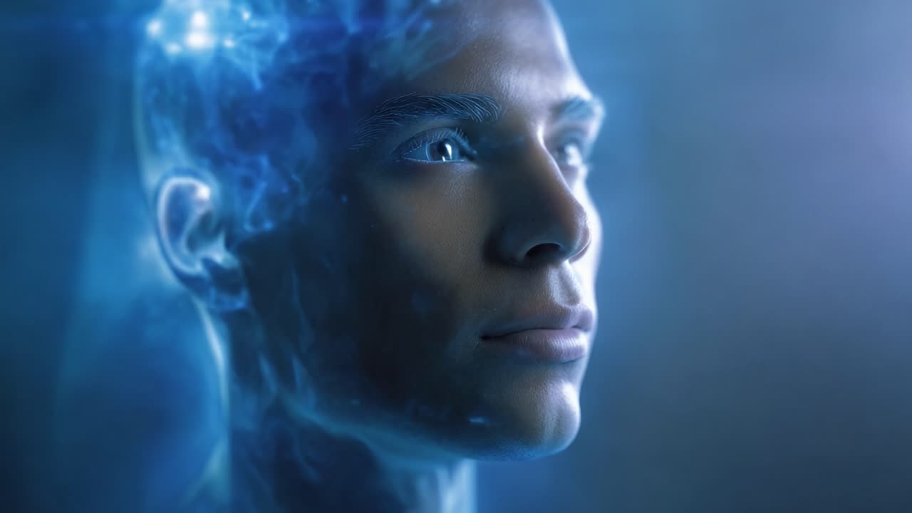A futuristic representation of a humanoid figure with an ethereal glow and a thoughtful expression, suggesting themes of technology, consciousness, and human potential