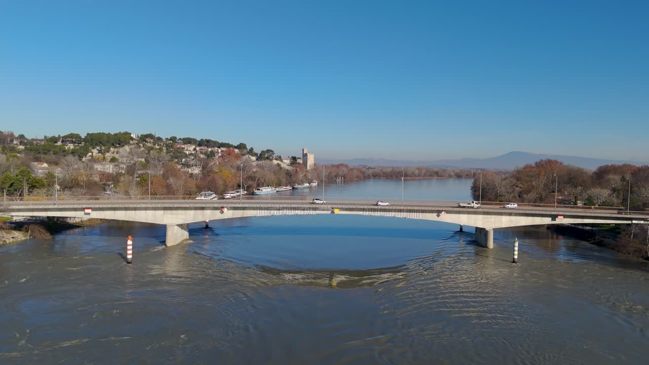 Aerial above scenic landscape and the Rhône river in Avignon France