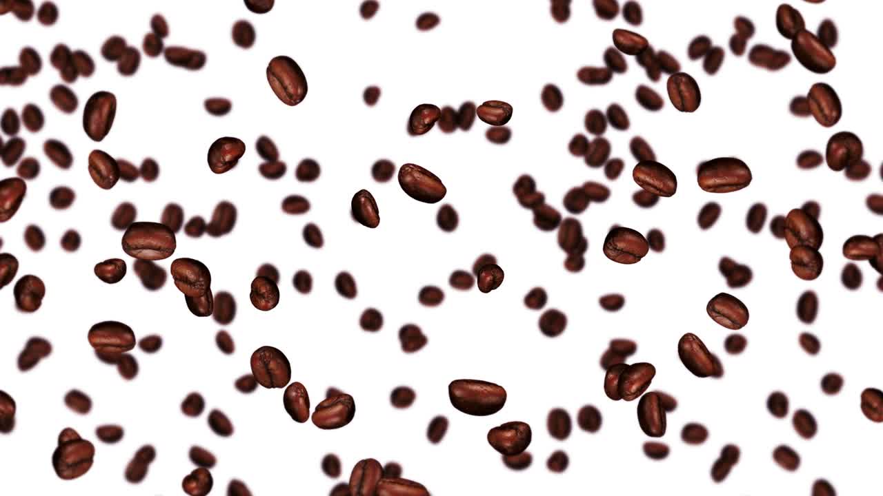 Flying many coffee beans on white background. Caffeine drink, Breakfast, Aroma. 3D animation of roasted coffee beans rotating. Loop animation.