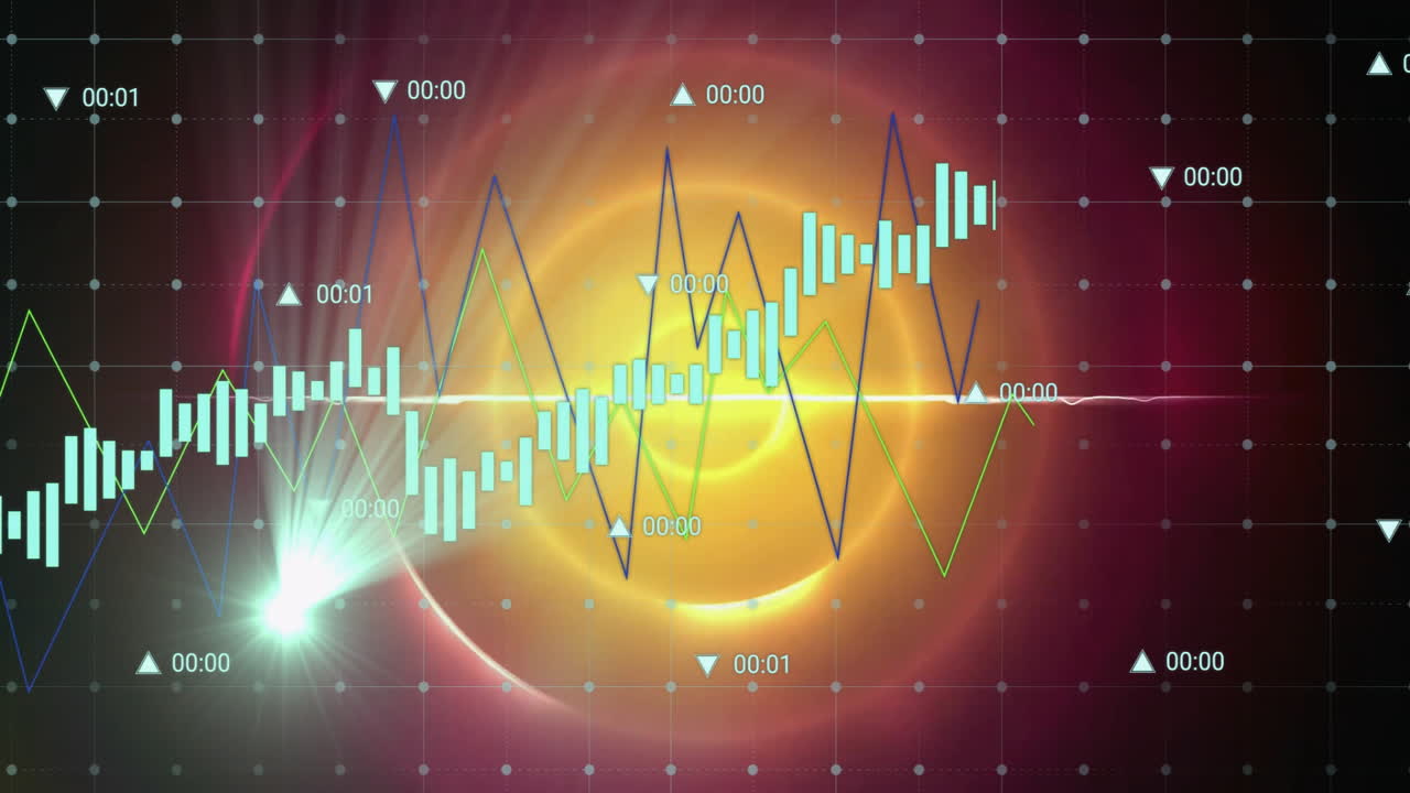 Central glowing orb emitting concentric rings and overlaying financial charts, in flat design UI