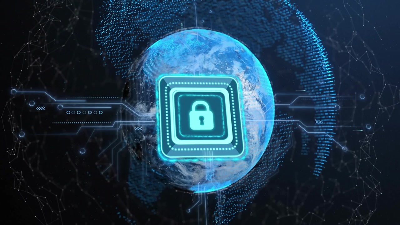 Cyan chip with padlock rising over globe, rotating and extending circuitry, securing tech network