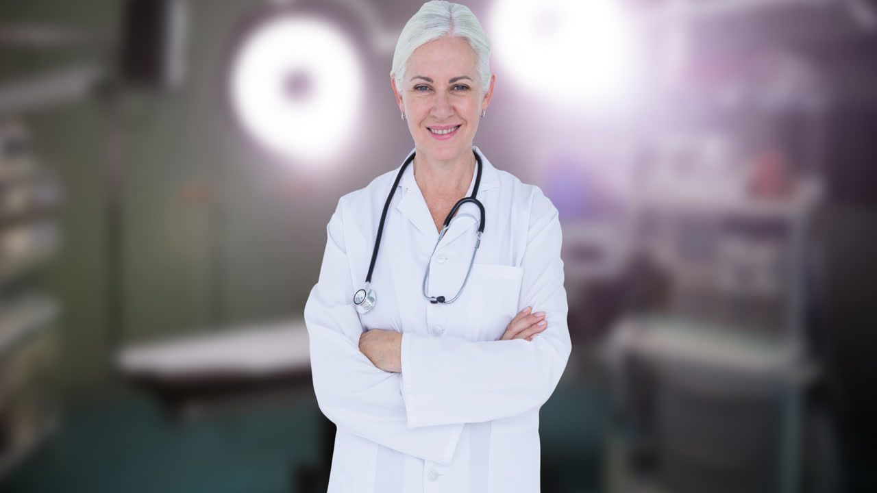 animation einer lächelnden kaukasischen ärztin mit stethoskop über dem chirurgenzimmer