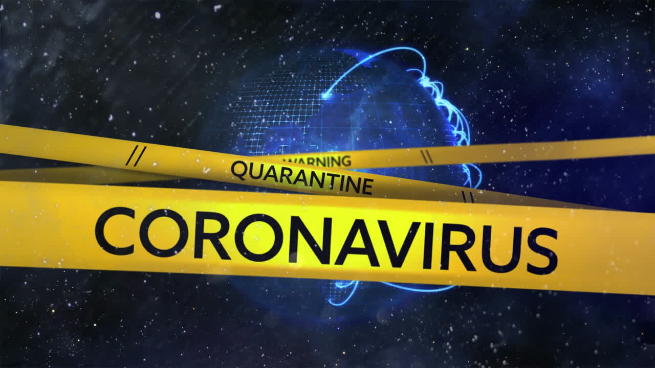 Animation depicts global COVID-19 pandemic with warning tapes over a spinning globe.