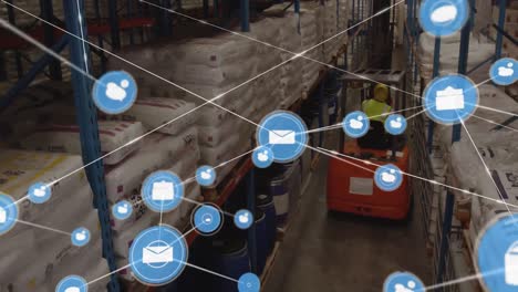 animation of network of digital icon over aerial view of male worker operating forklift at warehouse