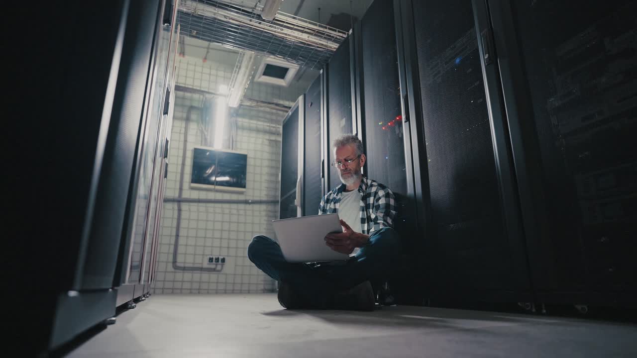 Man working on laptop in server room