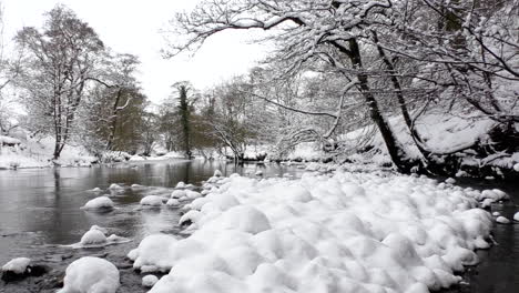 Blick-Flussaufwärts-Auf-Einen-Fluss-Mit-Schneebedeckten-Felsen-Und-Bäumen