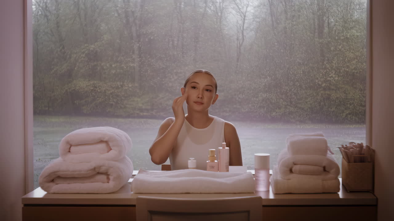 A young woman applies skincare products in a serene setting, with a rainy forest view