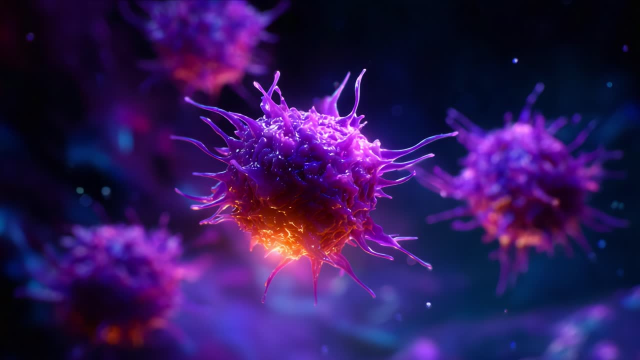 Microscopic View of Vibrant Purple Cells in a Dark Environment, Capturing the Intricacies of Life Forms at a Cellular Level in Stunning Detail