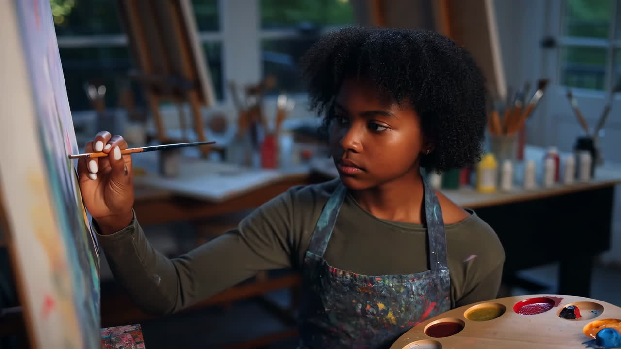 A young artist painting on a canvas in her studio