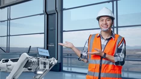 ingeniero asiático con casco de seguridad de pie en una fábrica de alta tecnología, analizando el concepto de la máquina robótica. sonriendo y señalando a un lado recomienda algo