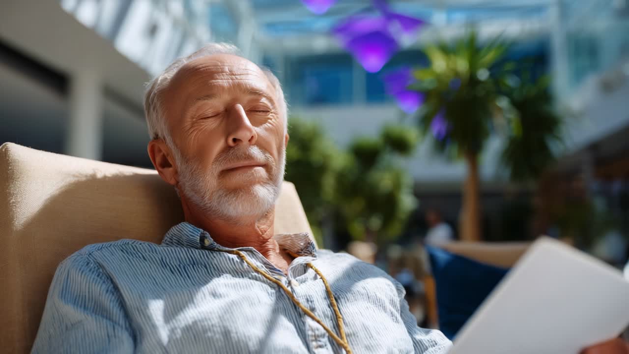 A Serene Moment of Relaxation: An Older Man Enjoys a Peaceful Afternoon, Soaking in the Tranquil Atmosphere, with Soft Natural Light Filtering Through, Creating a Soothing Environment for Mindfulness
