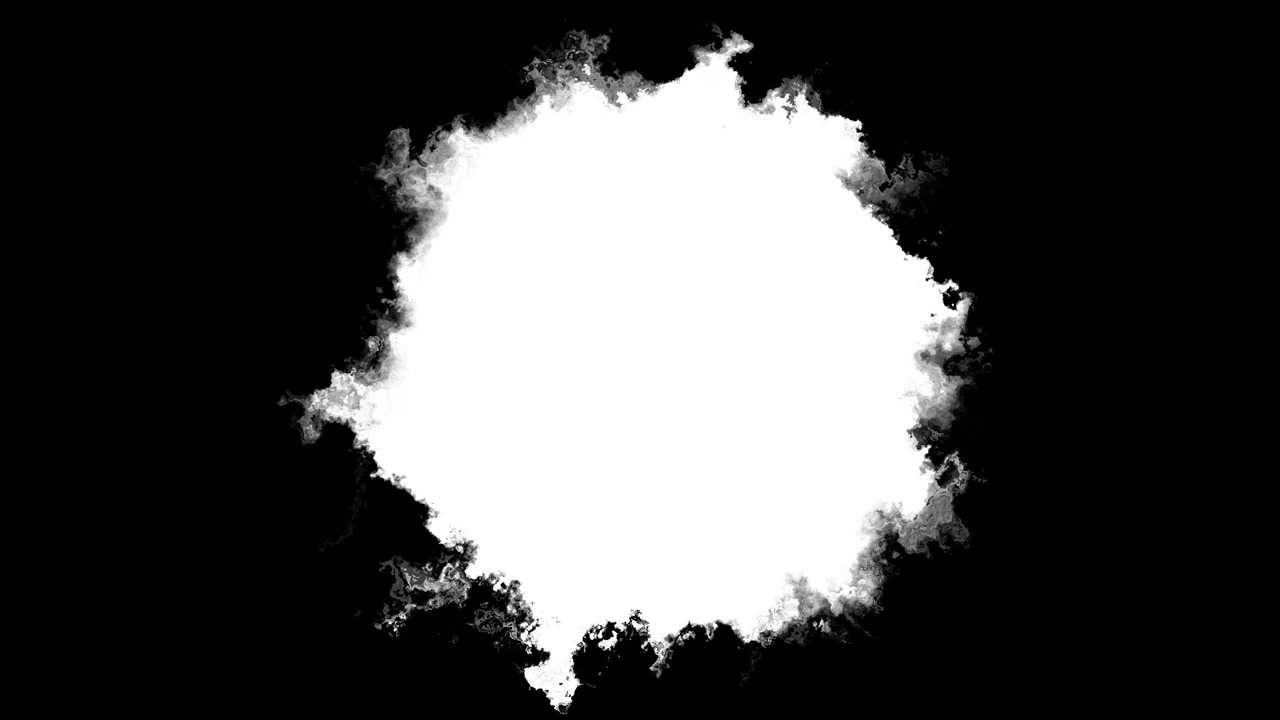 Bordo di fumo d'inchiostro nero con bordi nuvolosi ruvidi opachi, spazio esterno bianco, area centrale scura e organico