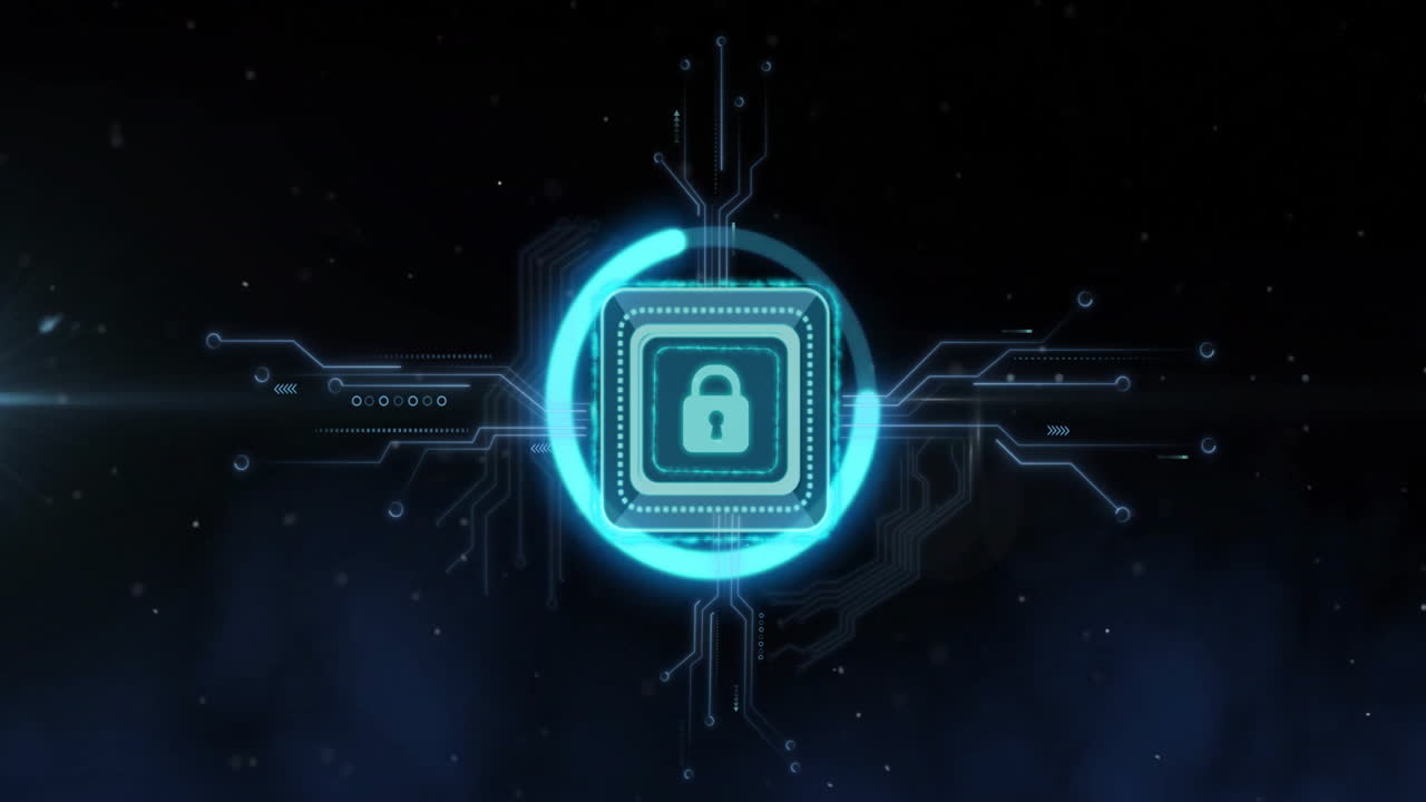 Lock icon with circuit lines, digital security animation over dark background