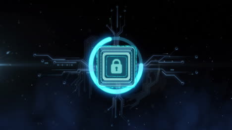 lock icon with circuit lines, digital security animation over dark background