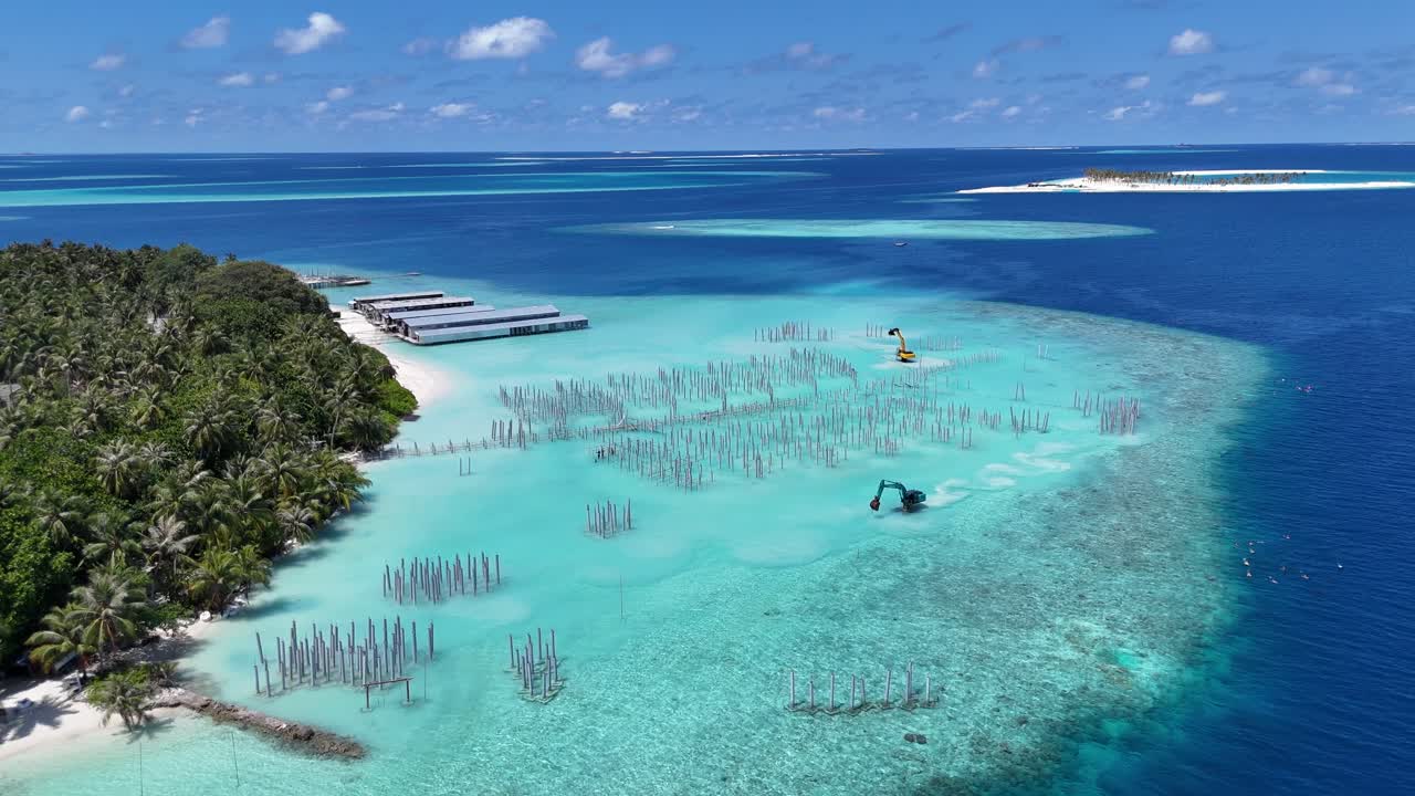 Isola tropicale con palme e laguna turchese. Maldive, vista aerea.