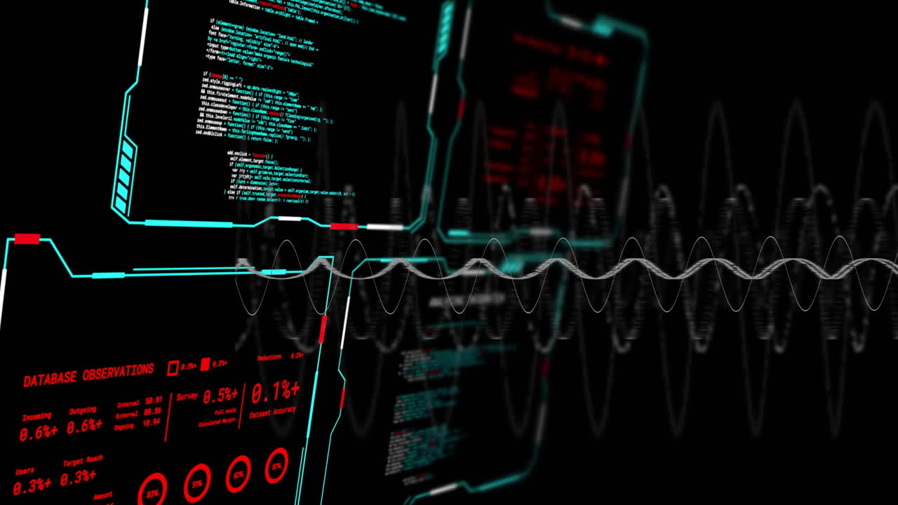 Animation of digital data processing over screens on black background