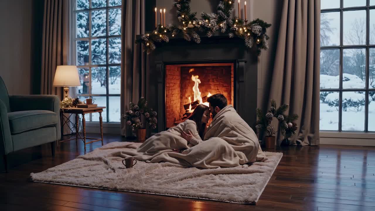 Cozy winter scene with a couple by the fireplace, wrapped in blankets