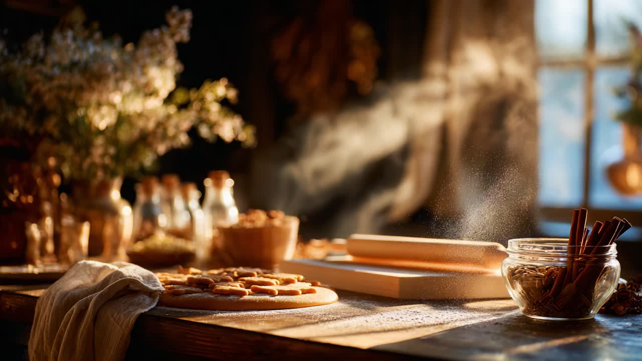 Baking Bliss: A Serene Kitchen Scene Captured in Soft Morning Light, Showcasing Flour Dusting Over Freshly Rolled Dough and Spices Ready for Homemade Treats