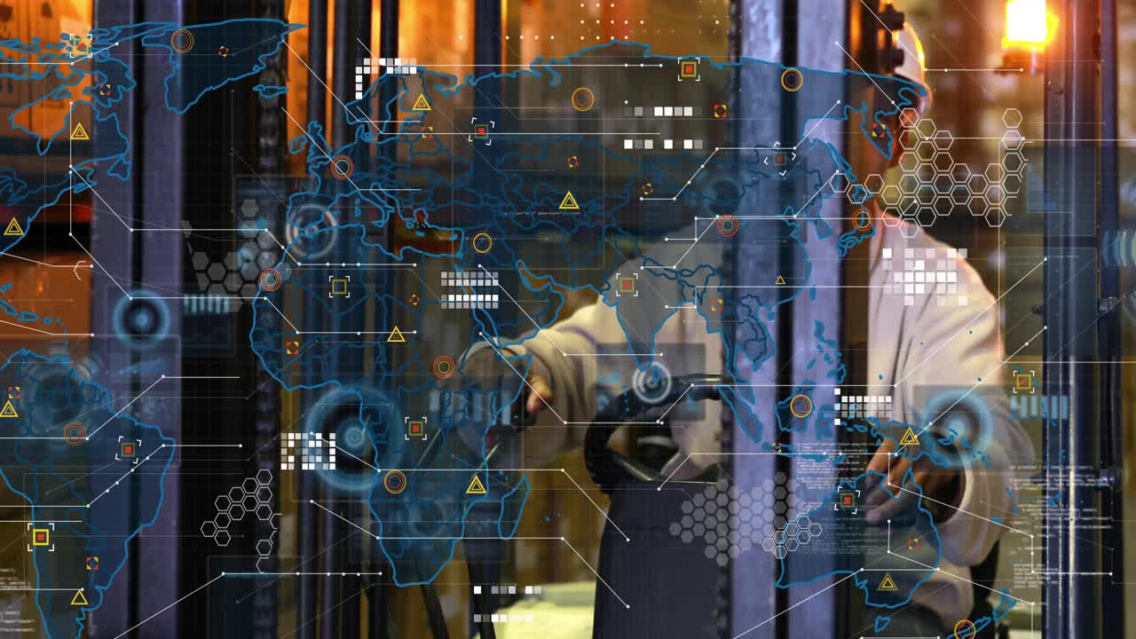 Forklift operator steering forklift in warehouse, initiating world map displaying logistics data