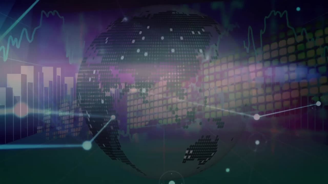 animación de la red de conexiones y el globo sobre fondo oscuro