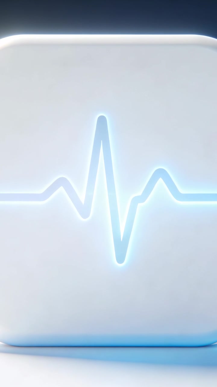 Video verticale: Icona quadrata bianca pulsante su uno schermo che mostra una linea ECG al neon che simula un battito cardiaco in loop