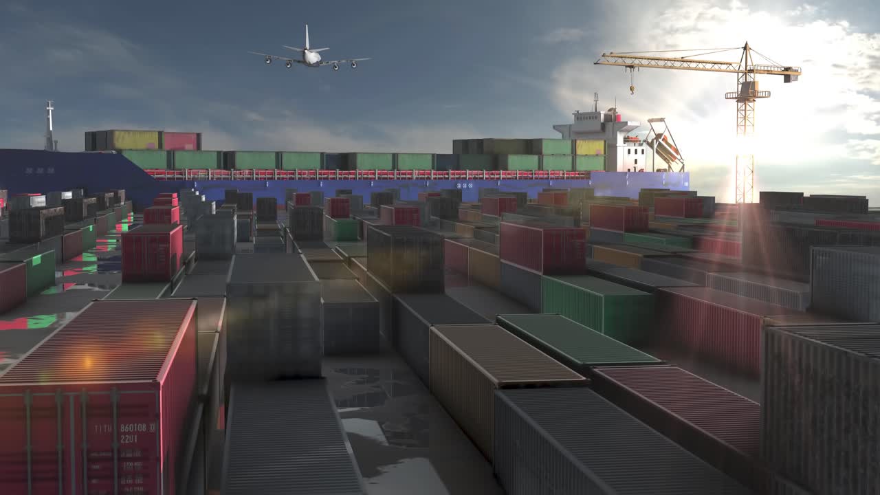 항구에 있는 컨테이너 선박과 항공기