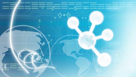 animation of molecule over globe and computer circuit board on blue background